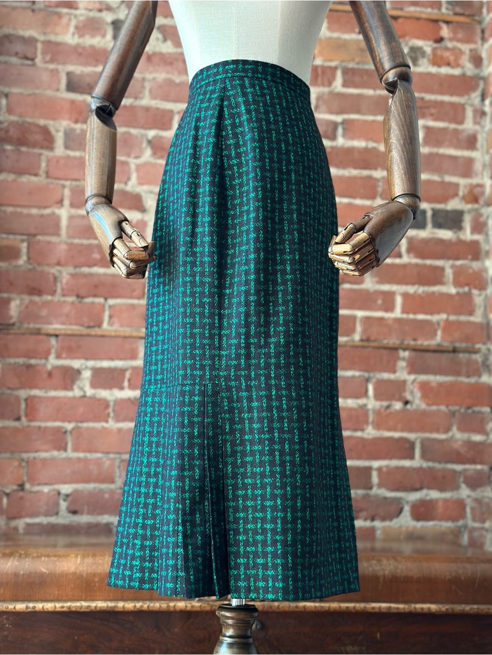 Vintage Emerald Green Black Geometric Woven Midi Skirt Pleated